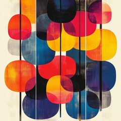 Vibrant Abstract Geometric Shapes in Bold Colors with Artistic Circular Patterns and Vertical Lines on a Light Background