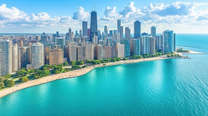 Naklejka premium Aerial view of a vibrant city skyline featuring modern skyscrapers, lush green parks, and a shimmering lake. A sandy beach stretches along the water's edge, inviting relaxation.