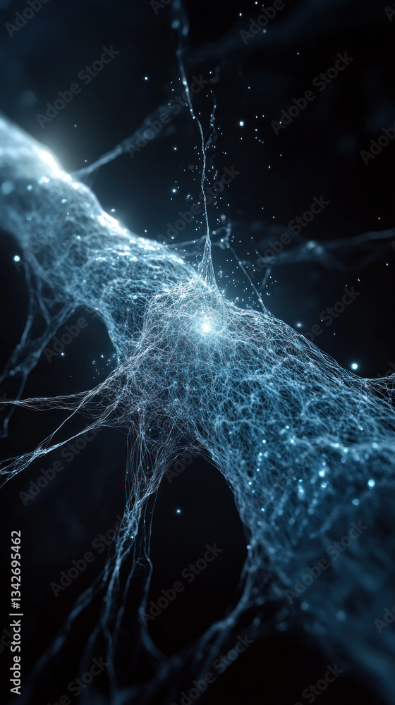 Poster a blue and white image of a spider web with a bright light shining on it. the image has a dreamy and