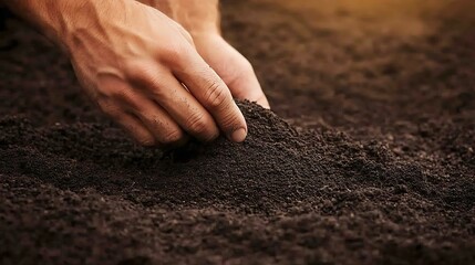 Hands planting seed in soil, gardening background