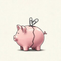 a broken piggy bank with a bent paperclip brace, symbolizing improvised support, simple line art style.   improvised support, bent paperclip, financial support, budget support, monetary support, econo
