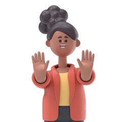 3D illustration of african american woman Coco standing with outstretched hand showing stop sign, preventing you. Supports PNG files with transparent backgrounds.