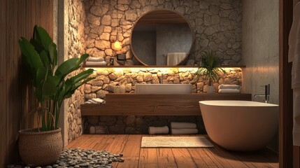 Modern Bathroom with Stone Wall and Wooden Accents