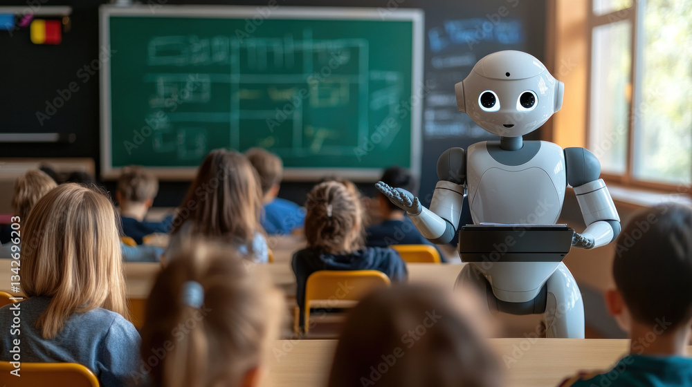 Poster a robot teacher is standing in front of a classroom full of students. the robot is holding a tablet 