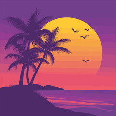 Obraz premium Stunning Tropical Sunset with Palm Trees and Birds