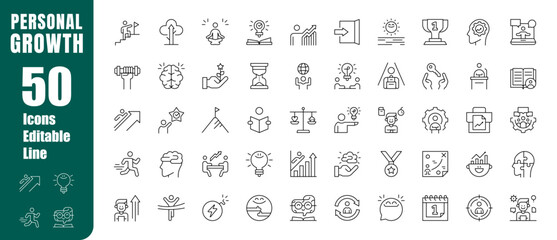 Conjunto de iconos editables de crecimiento personal. Desarrollo, motivación, superación, hábitos, productividad. Ilustración vectorial en estilo moderno