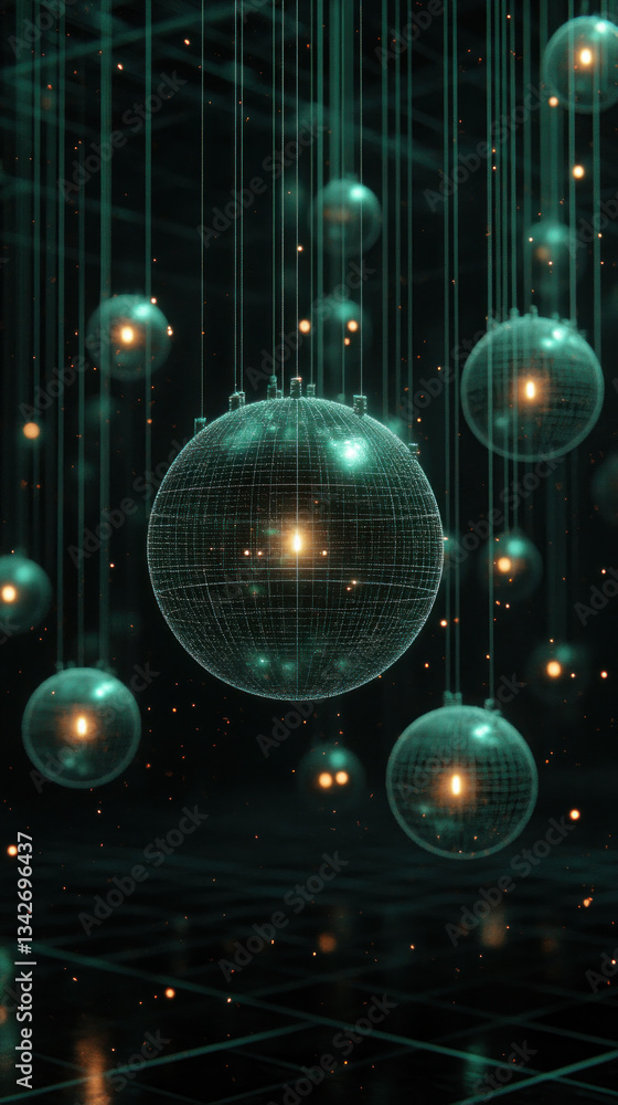 Poster a cluster of glowing orbs hanging from the ceiling. the orbs are all different sizes and colors, cre