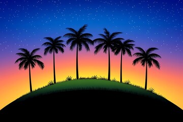 Naklejka premium Palm trees silhouette on a hill at sunset