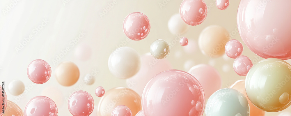 Poster a colorful image of many different colored spheres floating in the air. the spheres are of various s