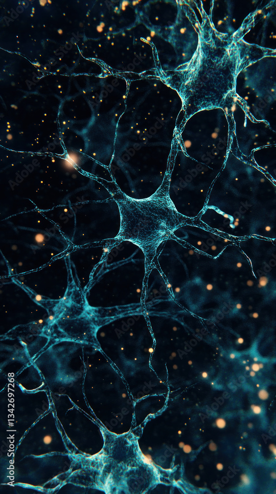 Aufkleber a close up of a blue and green brain with many small dots. the image is of a neuron, and the dots ar