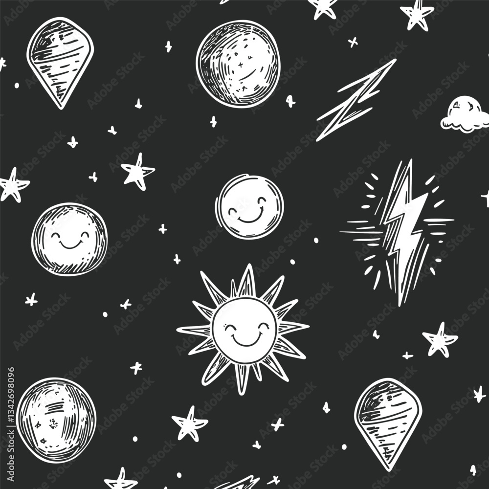 Wall mural monochrome celestial pattern with planets and stars