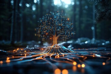 Exploring an ai decision tree hologram unveiling artificial intelligence in a forest setting digital art installation futuristic environment immersive perspective