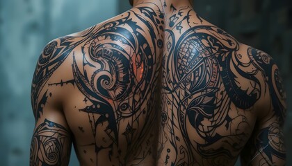 Naklejka premium Man Back View with Complex Black Tattoo Art Body Covering