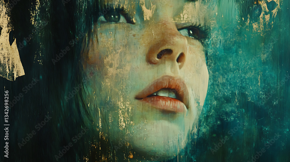 Aufkleber a close-up portrait of a woman with expressive features, surrounded by abstract textures that evoke 