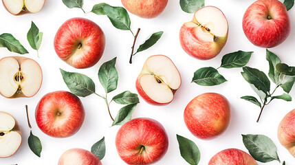 A vibrant arrangement of red apples and green leaves on a white background, showcasing freshness and nature's bounty