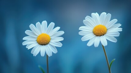 Naklejka premium Two delicate daisy flowers, their petals the hue of a summer sky, stand in stark contrast against a deep blue background, their cheerful faces a testament to the simple joys of nature.