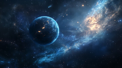 Obraz premium A stunning cosmic scene featuring a vibrant planet surrounded by swirling galaxies and stars in a deep blue universe