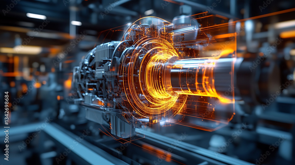 Poster a high-tech, digitally rendered engine component with glowing elements, set against an industrial ba