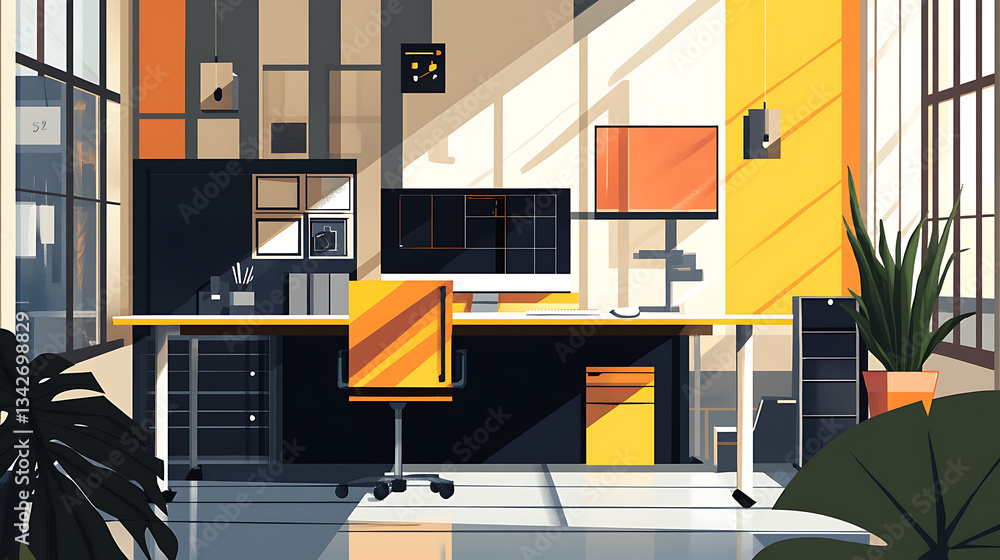 Poster a modern, stylish office space featuring a yellow and black color scheme with large windows and indo