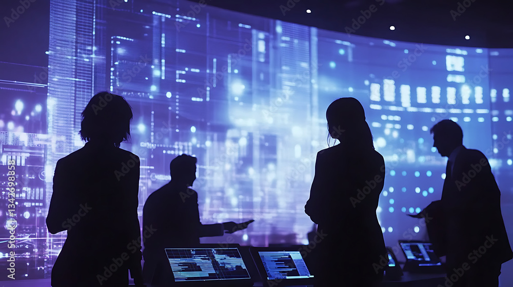Poster a group of silhouetted professionals analyzing digital data on screens in a modern, high-tech enviro