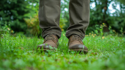 feet on the green grass with daisies top view freedom and relax concept