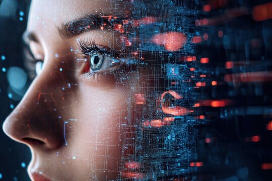 Artificial intelligence deepfake rendering event digital workspace hyperrealistic portrait futuristic environment close-up viewpoint exploring ai technology impact