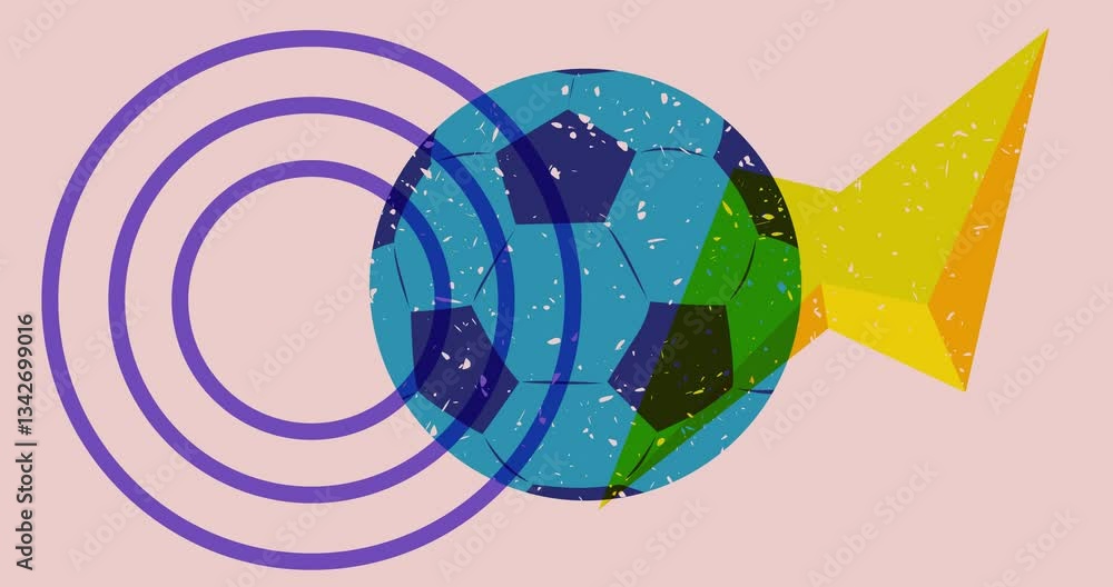 Poster risograph football ball with geometric shapes animation. moving object in trendy riso graph design v