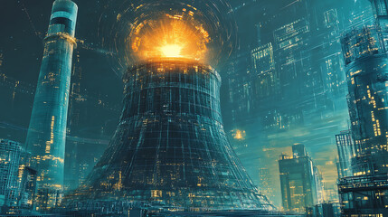 Obraz premium A futuristic nuclear power plant emits a bright glow, surrounded by a high-tech urban landscape with intricate digital elements