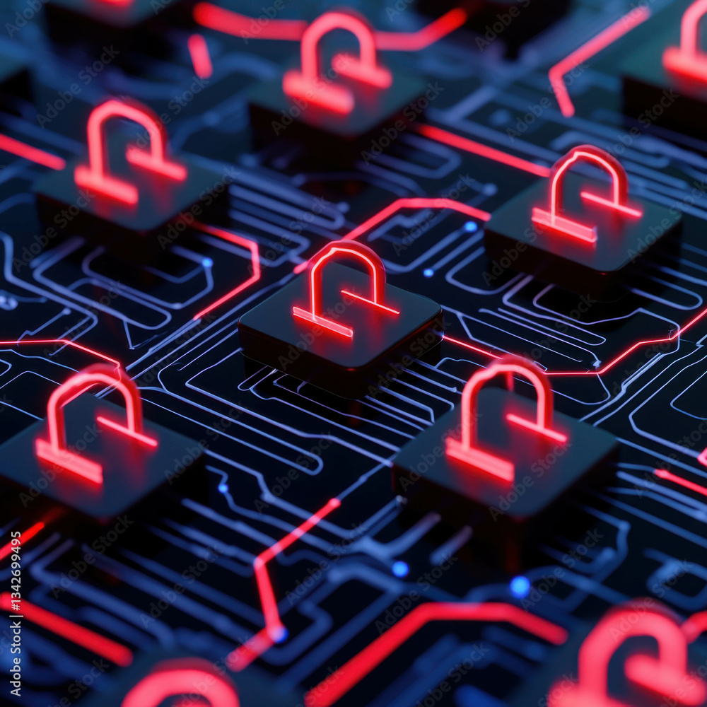 Aufkleber futuristic circuit board with neon lock symbols representing digital security concepts
