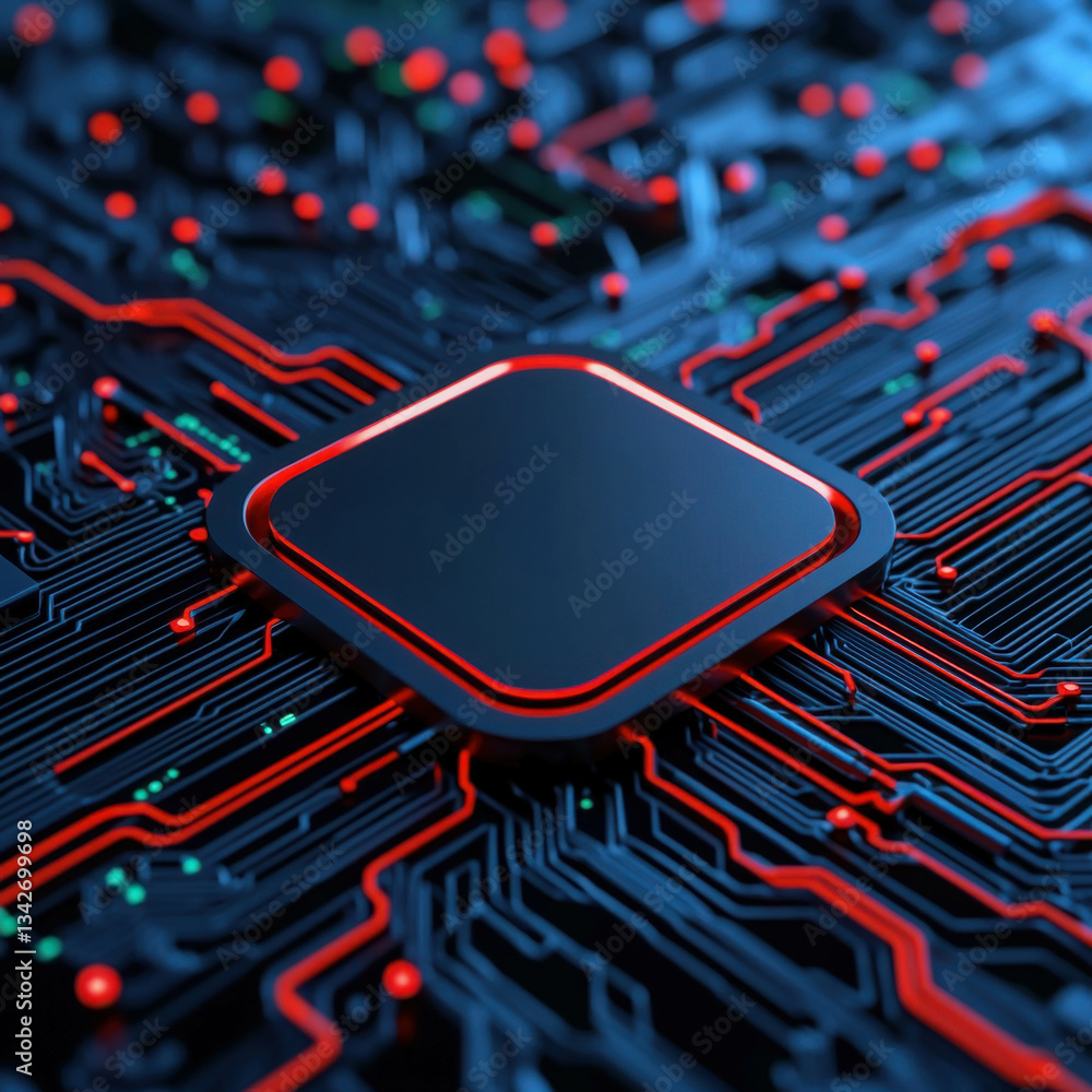 Aufkleber close-up of futuristic circuit board with vibrant red and black color scheme for technology concepts