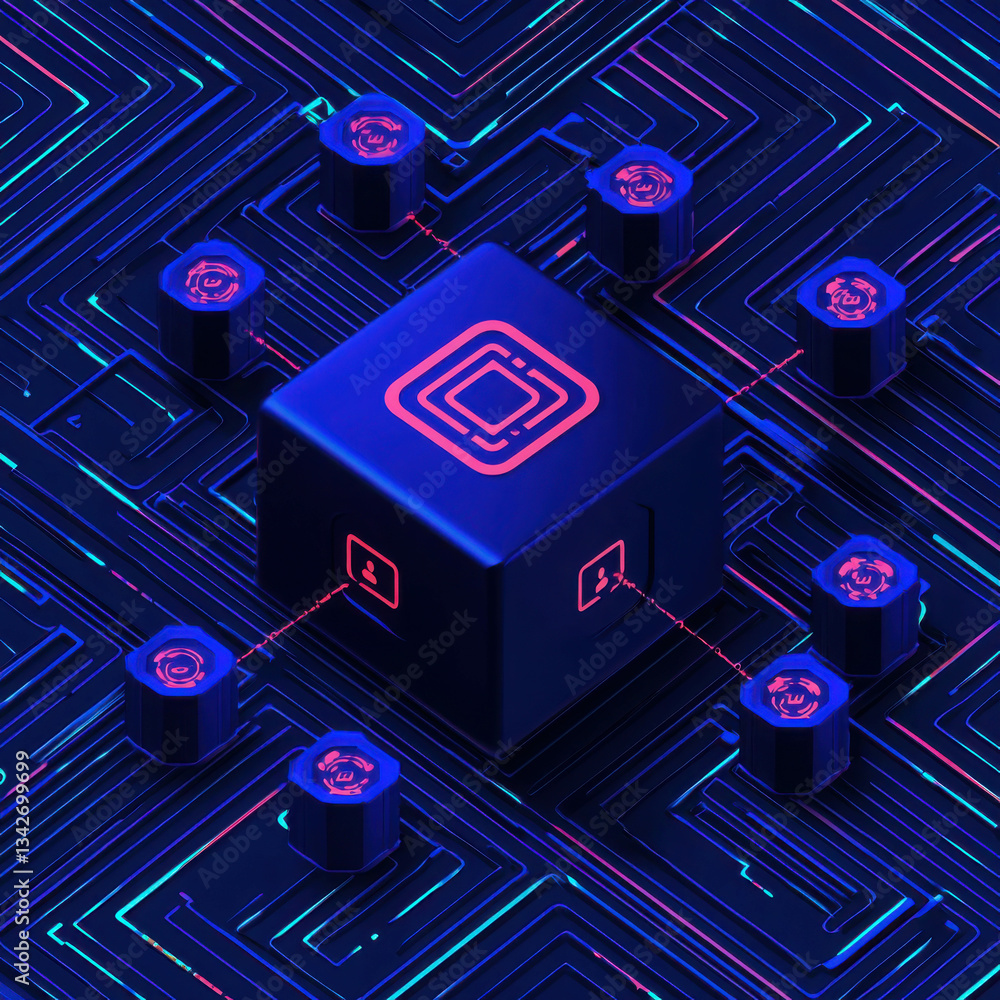 Poster abstract neon technology circuit with glowing microchip and digital elements in blue and red