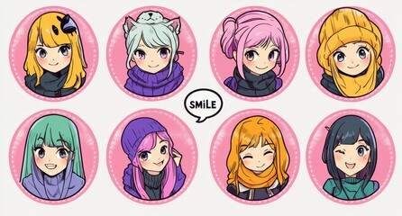 Colorful and cheerful cartoon girls with vibrant hair styles showcasing unique personalities and expressions in a playful, cute, and engaging design