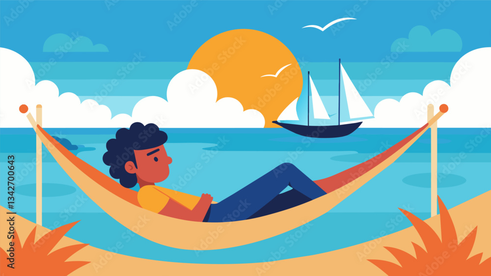 Poster a person lying in a hammock in their backyard eyes closed as they imagine themselves sailing on a ca