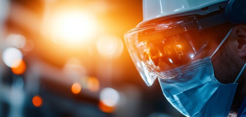 A close-up of a person wearing protective eyewear and a mask, set against a backdrop of warm, glowing lights, emphasizing safety and industrial work.