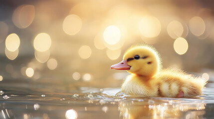 duckling in the water with water sprinkling bluey background 