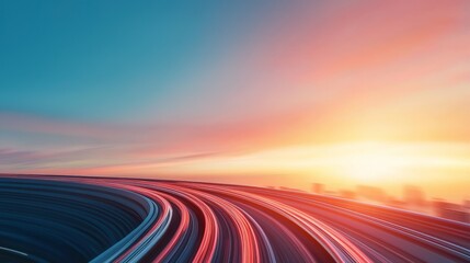 Naklejka premium A vibrant sunset scene with light trails, creating a dynamic and colorful atmosphere, highlighting movement and the transition from day to night.