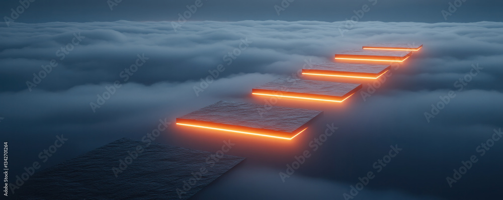 Poster a series of orange steps are shown in the sky. the steps are lit up and appear to be glowing. the im