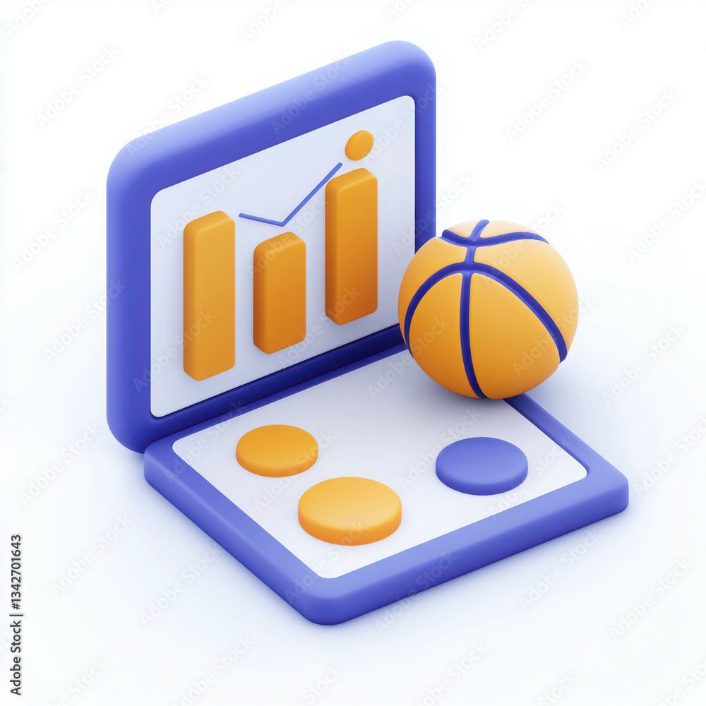 Poster modern basketball analytics with graphs and 3d elements ball and tokens on a laptop screen