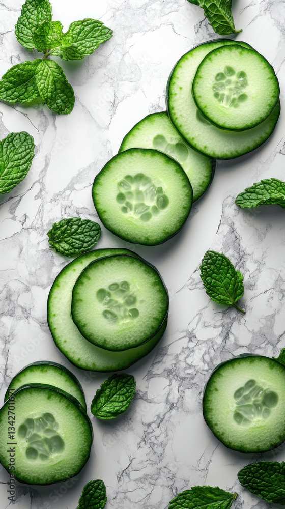 Aufkleber a close up of cucumber slices with green leaves on top. the cucumbers are cut into small pieces and 