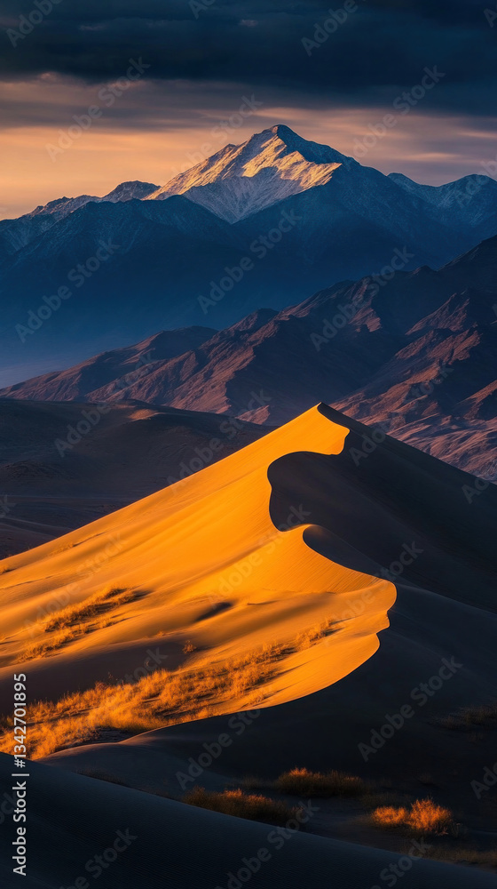 Poster a mountain range with a large mountain in the background and a small mountain in the foreground. the
