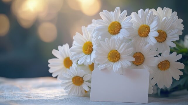 A bouquet of delicate chamomile flowers, each petal adorned with the faintest hint of lavender fragrance, rested gracefully on a pristine white tag, inviting a message of tranquility and serenity.