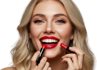 Beautiful Blonde Woman Applying Red Lipstick Makeup Closeup Beauty Cosmetics