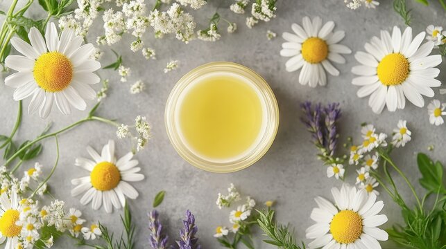 A soothing elixir of nature, crafted with chamomile flowers, organic ingredients, and a gentle touch, promising to nourish and rejuvenate the skin.