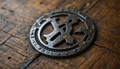 Obraz premium An insignia of polished metal on a rustic wooden surface