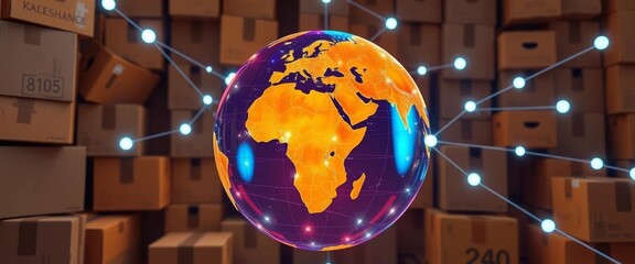 Glowing globe network, cardboard boxes background, infrastructure, globe