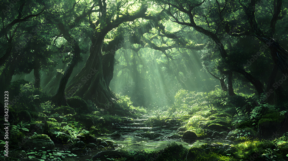 Poster enchanting forest landscape with a serene stream flowing through lush greenery creating a mystical a
