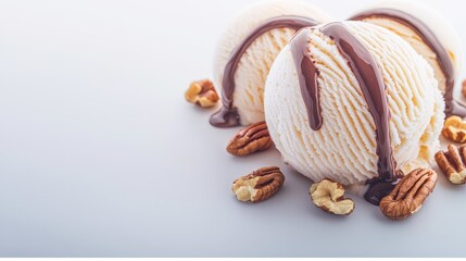 Naklejka premium Three scoops of creamy vanilla ice cream are drizzled with rich chocolate sauce and surrounded by crunchy pecan halves on a light gray background perfect for dessert menus or food