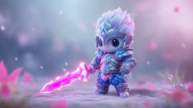 Fototapeta Fantasy character, armored,  and mystical.  A  small,  powerful warrior with icy glow