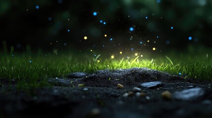 Enchanted meadow at night.  Sparkling, mystical light emerges from the earth