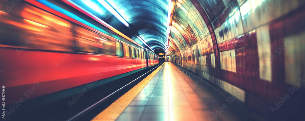 Poster a train is moving through a tunnel with a bright red color. the tunnel is long and narrow, and the t